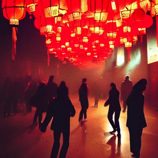 Image similar to a tiny dark black night club with a few red chinese lanterns, people's silhouettes close up, modern people dancing, surrealism