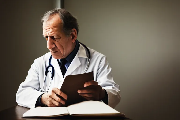 Image similar to a cinematic headshot portrait of an doctor reading his notes, moody lighting, movie still, shallow depth of field, muted colors, by werner herzog