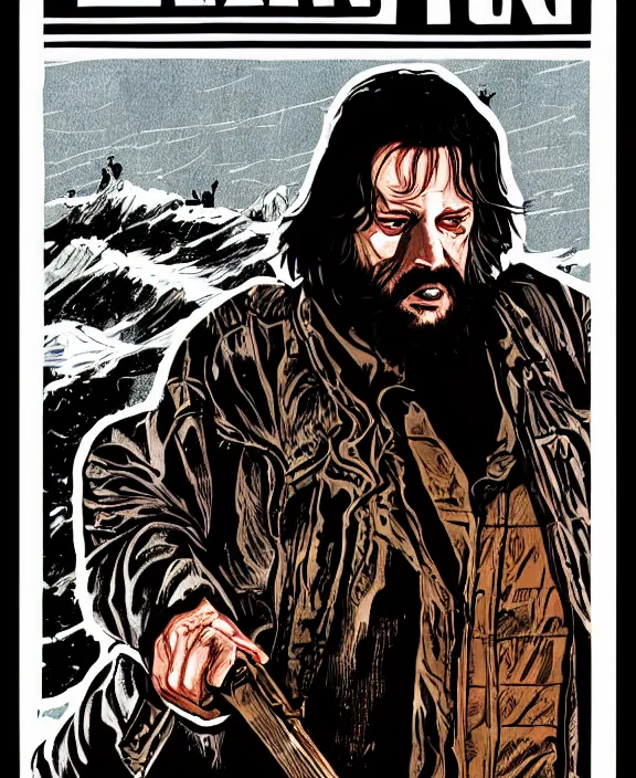 Prompt: illustration of MacReady from The Thing (1982), Junji Ito poster art, Dan Mumford style, detailed