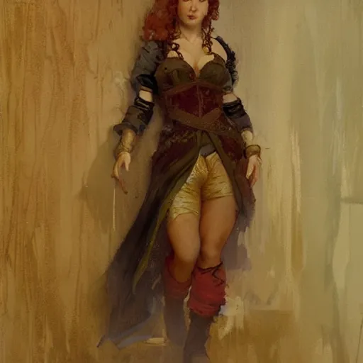 Image similar to a scrappy renaissance thief woman, looking around a corner, fantasy character portrait by gaston bussiere, craig mullins, greg rutkowski