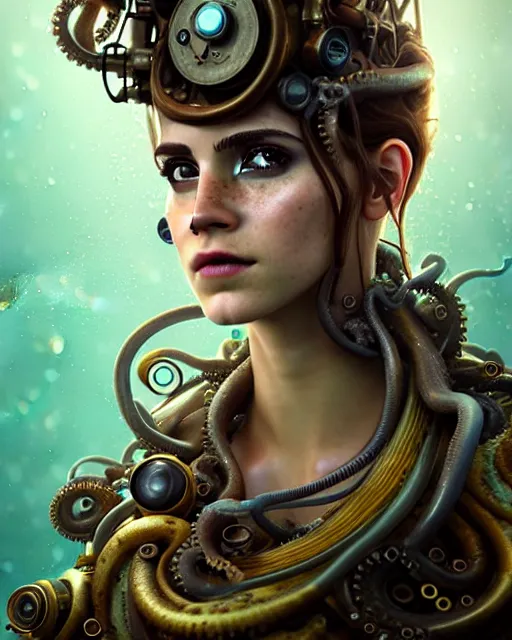 Image similar to underwater steampunk biopunk portrait of emma watson, octopus, au naturel, hyper detailed, digital art, trending in artstation, cinematic lighting, studio quality, smooth render, unreal engine 5 rendered, octane rendered, art style by klimt and nixeu and ian sprigger and wlop and krenz cushart.