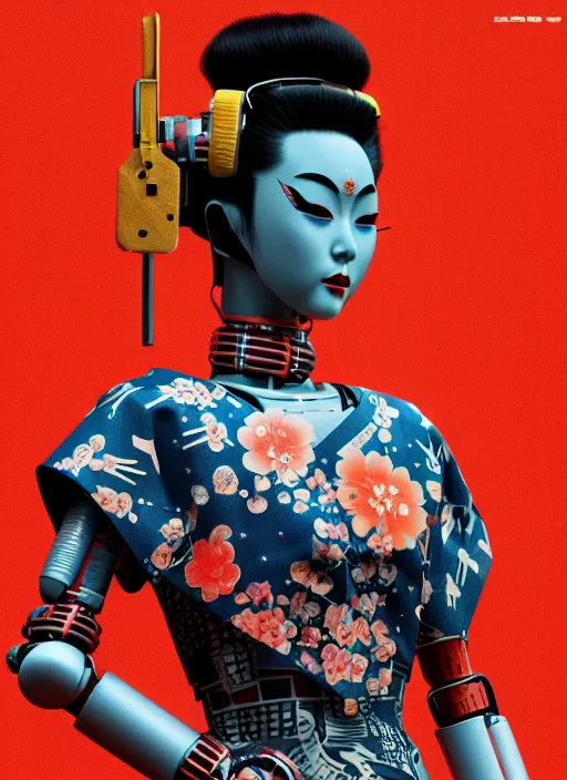 Prompt: full body portrait of a japanese punk geisha robot with kanji tattoos and decals wearing a digital pixelated kimono, intricate design, photo - realistic, octane render, dark colour palette, ultra fine detailed, character design, trending on artstation