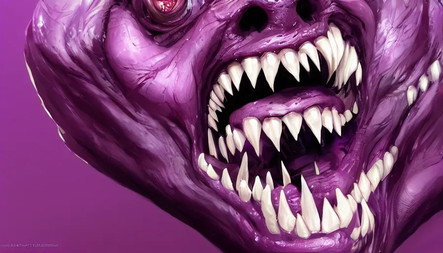 Prompt: purple venom with long sharp teeth, hyperdetailed, artstation, cgsociety, 8 k