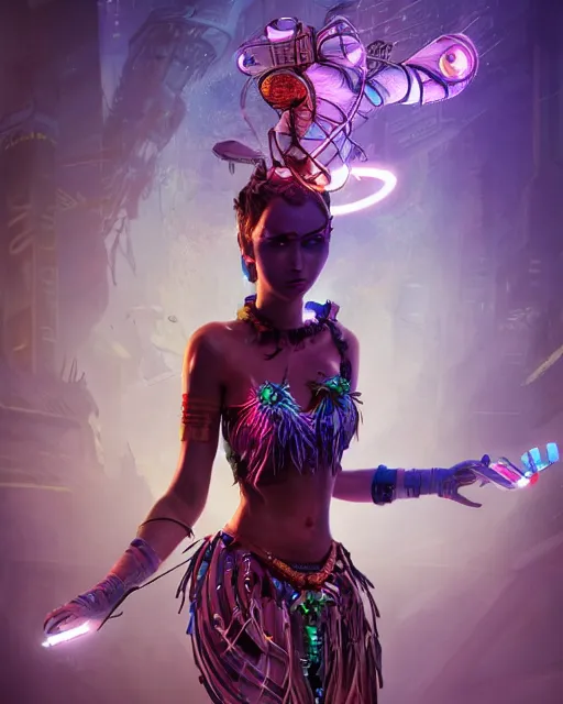 Image similar to An epic fantasy comic book style full body portrait painting of a very beautiful cyberpunk Hula Dancer, character design by Mark Ryden and Pixar and Hayao Miyazaki, unreal 5, DAZ, hyperrealistic, octane render, cosplay, RPG portrait, dynamic lighting, intricate detail, cinematic