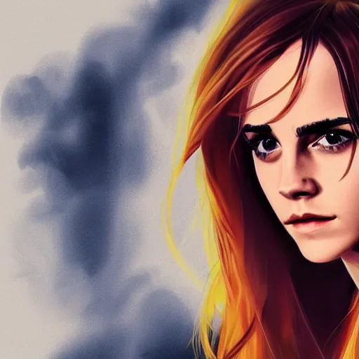 Image similar to portrait of emma watson staring at you, beautiful, long hair, eye contact, high detail, vivid colors, navy background, artstation