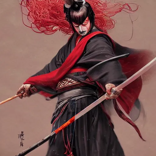 Prompt: an epic portrait of insane kabuki male wielding a spear and doing the nirami covered in a magical mist of insanity, intricate hakama, poofy red wig, eerie, highly detailed, dark fantasy, art by artgerm and greg rutkowski