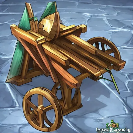 Image similar to a ice catapult machine, cart wheels, fantasy rpg, league of legends style