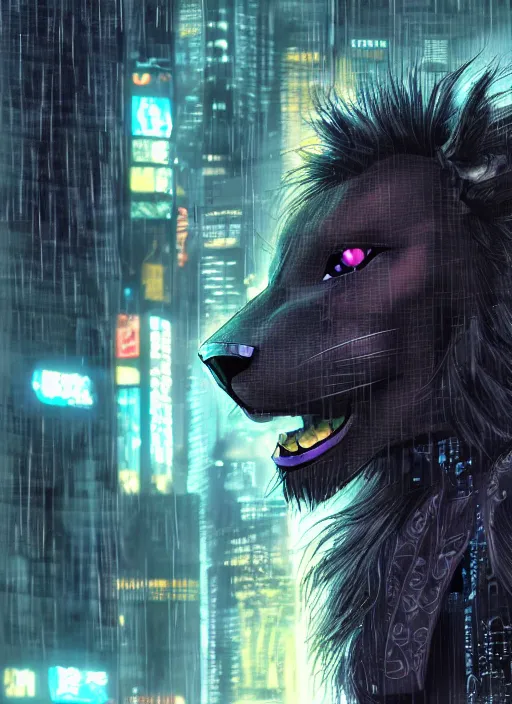 Image similar to character portrait of a male anthro black lion fursona with a cute beautiful attractive detailed furry face wearing stylish cyberpunk clothes in a cyberpunk city at night while it rains. hidari, color page, tankoban, 4K, tone mapping, Akihiko Yoshida.