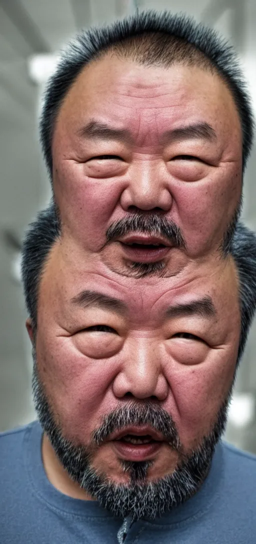 Prompt: Ai Weiwei looking angry into the camera showing his middle finger, blue soft light, 50 mm