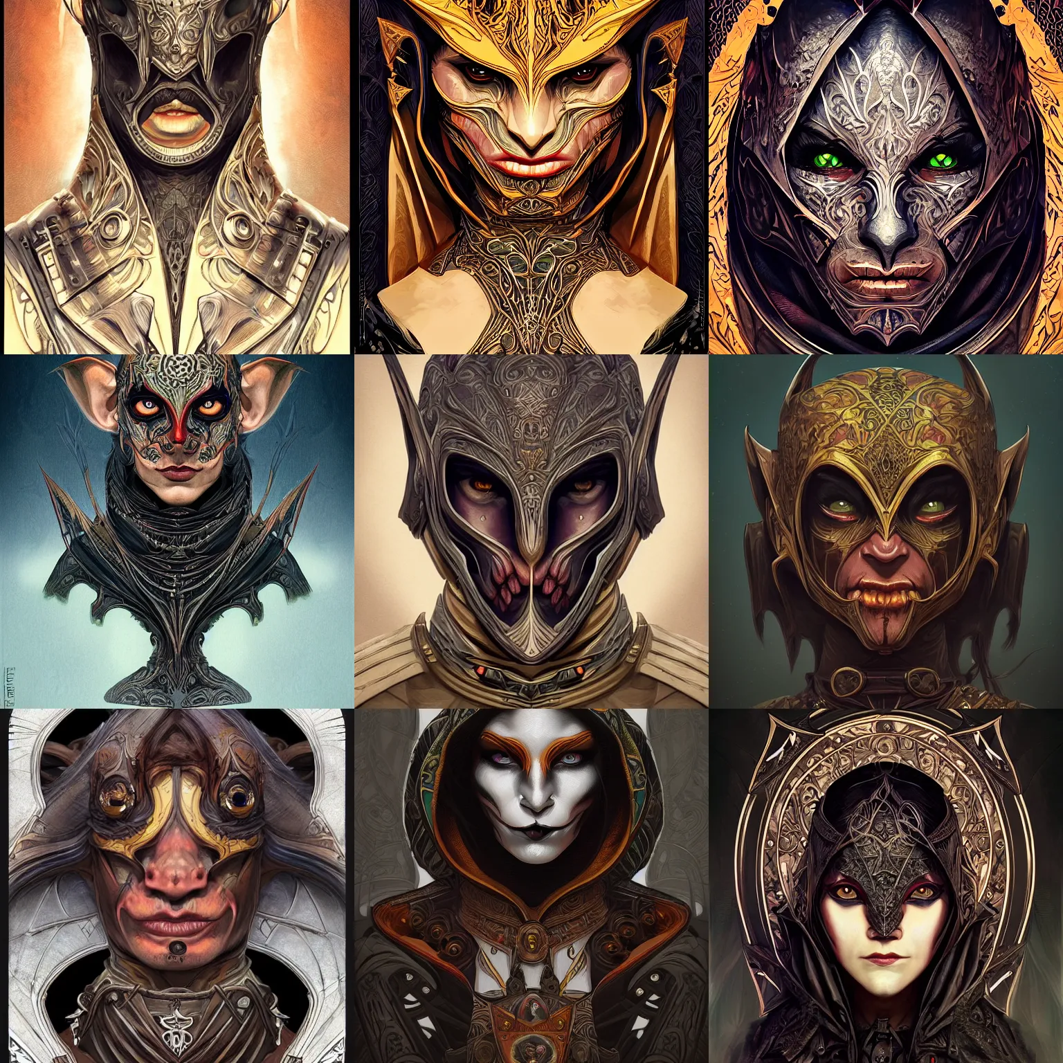 Prompt: head-on symmetrical centered painted portrait, DnD goblin assassin, black leather armour, art nouveau, tarot card style, fantasy, intricate, elegant, highly detailed, smooth, sharp focus, illustration, artstation, in the style of Artgerm and Anna Podedworna and Alex Ross and Mucha