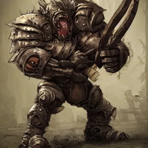 Image similar to raging armored bugbear wielding rusty cleaver grappling gnoll wayne reynolds