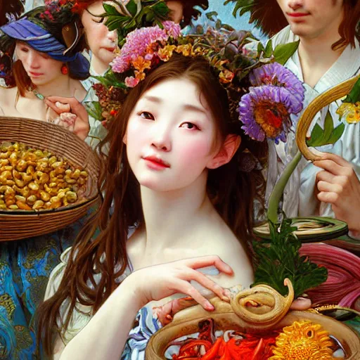 Image similar to a masterpiece ultrarealistic ultradetailed portrait of beautiful love fishmonger girl on street market baroque renaissance. medium shot, intricate, elegant, by stanley artgerm lau, wlop, alphonse mucha, rossdraws, andrei riabovitchev, yoshitaka amano. flower background my james jeand and takashi murakami.