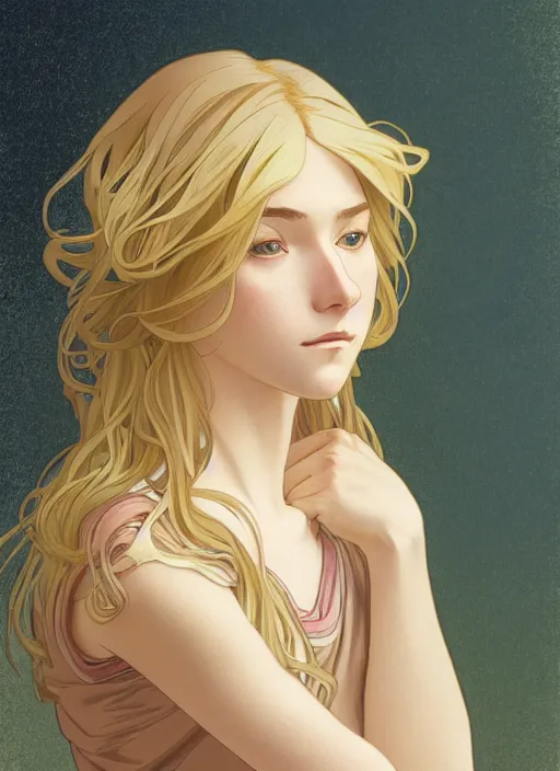 Image similar to pretty young man with shoulder length shiny shimmering golden blond hair, head down, demure, shy, path traced, highly detailed, high quality, digital painting, by studio ghibli and alphonse mucha, leesha hannigan, disney