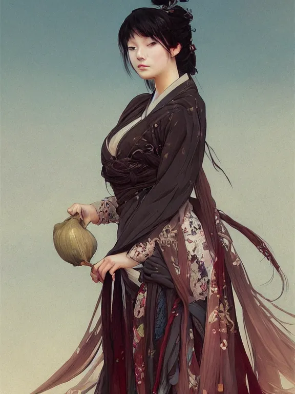 Image similar to beautiful seductive girl wearing hanfu, farm background, fantasy, d & d, dark eyeliner, intricate, elegant, highly detailed, digital painting, artstation, concept art, matte, sharp focus, illustration, art by greg rutkowski and alphonse mucha