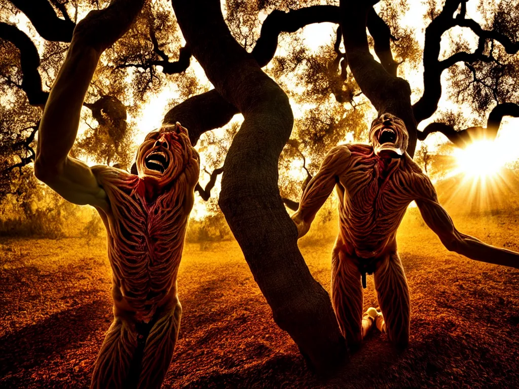 Prompt: award - winning color photo of a skinned man painfully transforming into an oak tree, screaming in agony, a blinding sun in the background, the soil is on fire, chiaroscuro, awe, terror, beauty