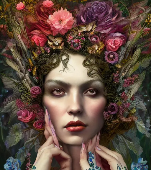 Image similar to portrait of the queen of the underworld, surrounded by flowers by karol bak, james jean, tom bagshaw, rococo, trending on artstation, cinematic lighting, hyper realism, octane render, 8 k, hyper detailed.