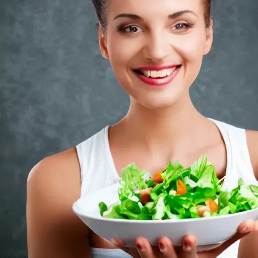 Image similar to happy woman eating salad, stock photograph, studio lighting, 4k, beautiful symmetric face, beautiful gazing eyes