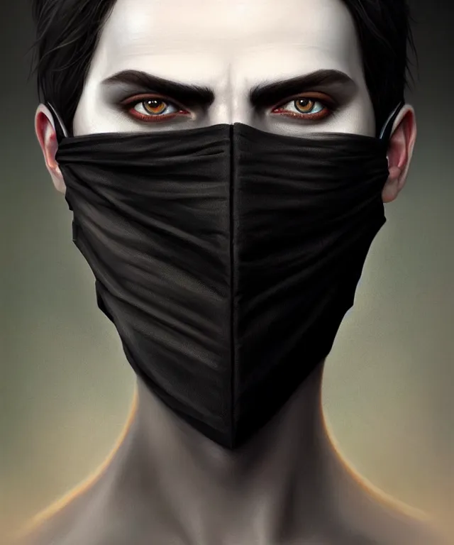 Image similar to white man with black fabric mask, short dark hair, highly detailed face!!!, true anatomy!, extremely detailed!, digital painting, unreal engine 5, art by tom bagshaw