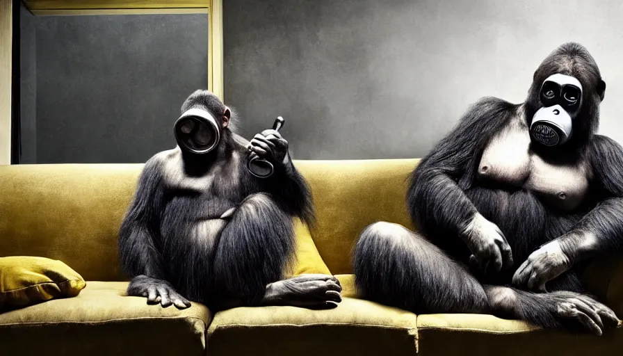 Image similar to great ape wearing a gas mask sitting on a couch, in the style of gregory crewdson