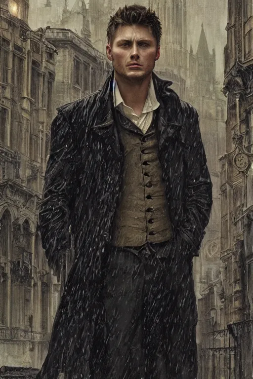 Image similar to a detailed matte portrait of dean winchester in a supernatural sherlock holmes story, 1 8 th century london in the rain, city streets, ominous, masterpiece, 8 k, art by alphonse mucha and greg rutkowski