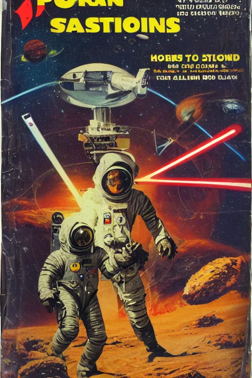 Image similar to photo of poor condition, torn, stained, vintage pulp scifi science fiction magazine cover on a table top, showing men wearing space suits shooting laser beams at a monster on an alien planet, only c 7 5, 4 k, high definition