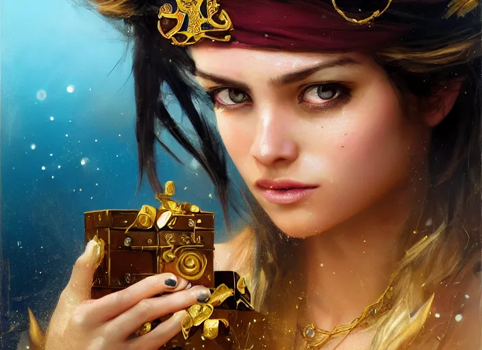 Prompt: full body picture of a pirate girl, hard breathing, messy hair, very excited, sparkling eyes, front of the treasure box, jewels and gold on the background, coveted, beautiful and aesthetic and attractive and detailed face, specular reflection, occlusion shadow, intricate, bokeh, masterpiece, by ilya kuvshinov and jeremy lipking and quentin mabille