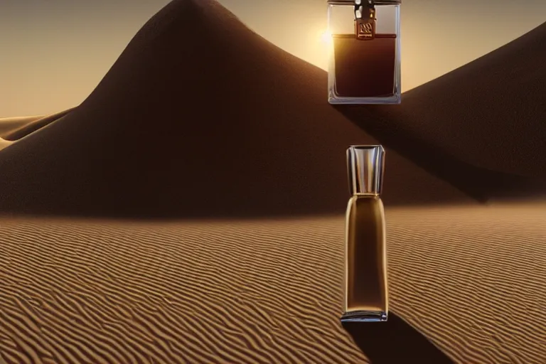 Image similar to perfume bottle buried in oasis in the middle of a desert, dramatic, mid day, sand dune background, large scale, hyperrealistic, lots of detail, realistic lighting, octane render, by wlop, artgerm, trending on artstation