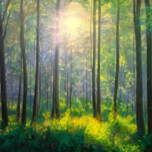 Prompt: a painting of a forest clearing in the morning with sun shining through the trees, mystical, magical