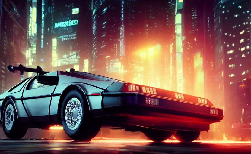 Image similar to professional photo of delorean from low angle shot, cyberpunk background, blade runner, hyperrealistic masterpiece, trending on artstation, cgsociety, kodakchrome, golden ratio, cinematic, composition, beautiful lighting, hyper detailed, sharp focus, octane render, 4 k, unreal engine