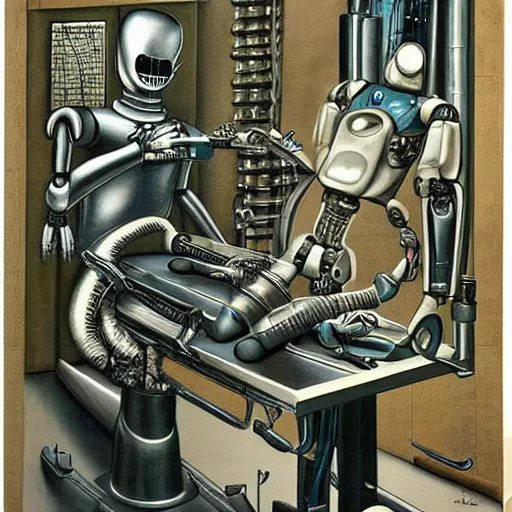 Image similar to a robot with a creepy smile laying on a surgeon's table performing an operation on itself, metal, intricate, by h. r. giger