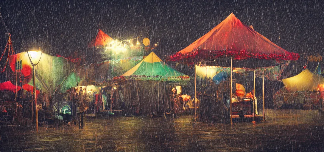 Prompt: Look of Small outdoor carnival, rain, night, noire tents, digital art, 8k, moody details