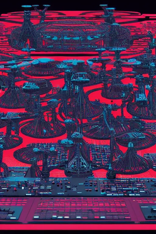 Image similar to drum machines and synththezisers, modular, in the style of akira, tron, sculpted by gaudi