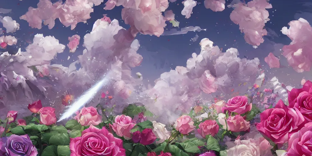 Image similar to background art of magic invisible blade slicing through a bouquet of white and pink roses, flowers exploding and spraying and splattering, big puffy clouds, exploding roses, large rose petals, lotus petals, large polygonal background elements, large polygons, studio ghibli anime, radiant lighting, artgerm, manga, trending on artstation, art nouveau, mature colors