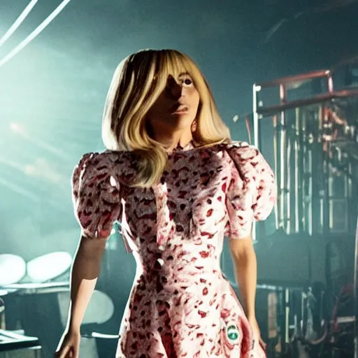 Image similar to a movie still of lady gaga wearing a pizza dress in a star is born