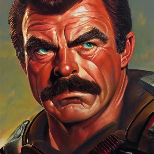 Image similar to ultra realistic portrait painting of tom selleck as doomguy, art by frank frazetta, 4 k, ultra realistic, highly detailed, epic lighting