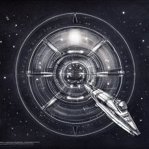 Image similar to black background, symmetry, starship enterprise, by jean - baptiste monge