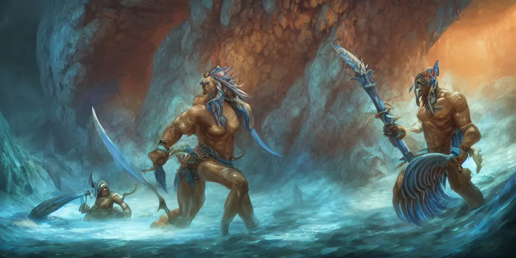 Prompt: realistic blue - skinned naga mermen, world of warcraft, holding sword, wide angle combat scene, dungeons and dragons, handsome, underwater coral cavern, hyperrealistic face, sharp focus, symmetrical, magic dynamic lighting, highly detailed, digital illustration, greg rutkowski