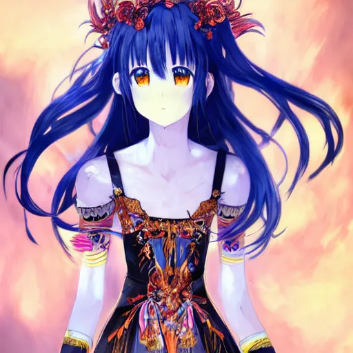 Image similar to a teenage anime girl wearing a very high intricate detailed dress made out of blue fire , full body, very long black/red hair, one yellow and one blue eye, intense stare, cinematic lighting, medium shot, MCU, trending on artstation, CSP, Photoshop, WLOP, Rossdraws, James Jean, Andrei Riabovitchev, Marc Simonetti, Anastasia Ovchinnikova, and Sakimichan