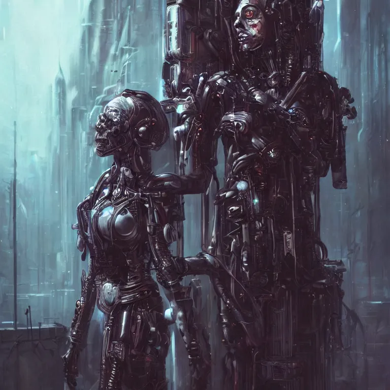 Image similar to cybernetic priestess, cyberpunk, gothic, fantasy, science fiction, character concept art, painting, hyperdetailed, realistic, creepy, atmospheric, cinematic, kinemacolor