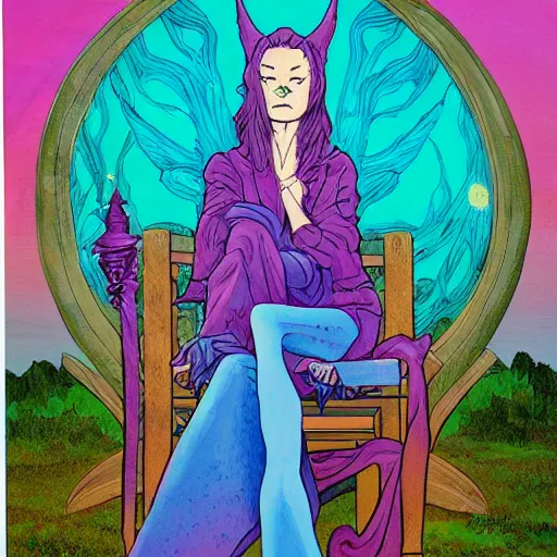 Image similar to acrylic painting, art in the style of Terry Moore, Moebius and Mohrbacher, a portrait of an elder fairy asleep on a chair, her wand and accessories beside her.