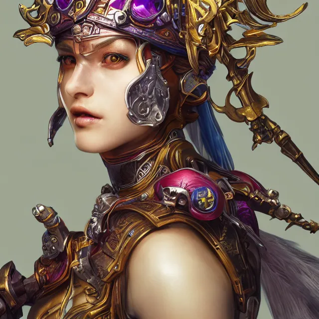 Image similar to studio portrait of lawful good colorful female holy mech paladin as absurdly beautiful, elegant, young sensual pretty woman, ultrafine hyperrealistic detailed face illustration by kim jung gi, irakli nadar, intricate linework, sharp focus, bright colors, matte, octopath traveler, final fantasy, unreal engine highly rendered, global illumination, radiant light, intricate environment