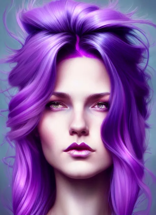 Image similar to Purple hair relistic Portrait of a woman with bright colored flying hair, all shades of purple. Hair coloring, long hair, fantasy, intricate, elegant, highly detailed, digital painting, artstation, concept art, smooth, sharp focus, illustration, art by artgerm and greg rutkowski and alphonse mucha