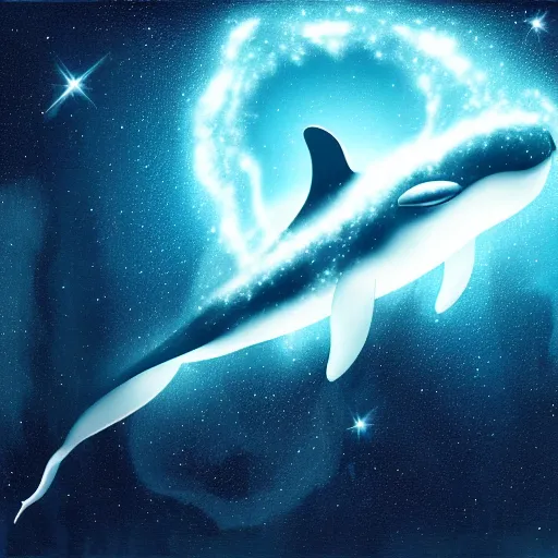 Image similar to portrait of space whale swimming on a dark night sky in space, flying across the universe, oniric, dreamy, beautiful, highly detailed, realistic, cinematic, dynamic composition