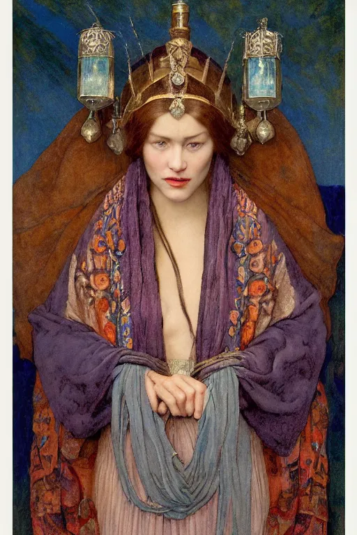 Prompt: portrait of the last queen of the dawn mountains with her lantern and regalia, by Annie Swynnerton and Nicholas Roerich and John Bauer and John William Godward and Donato Giancola and Vermeer, embroidered velvet, iridescent beetles, rich color, ornate headdress, flowing robes, lost runes, ancient civilizations, dramatic cinematic lighting, featured on Artstation, extremely detailed