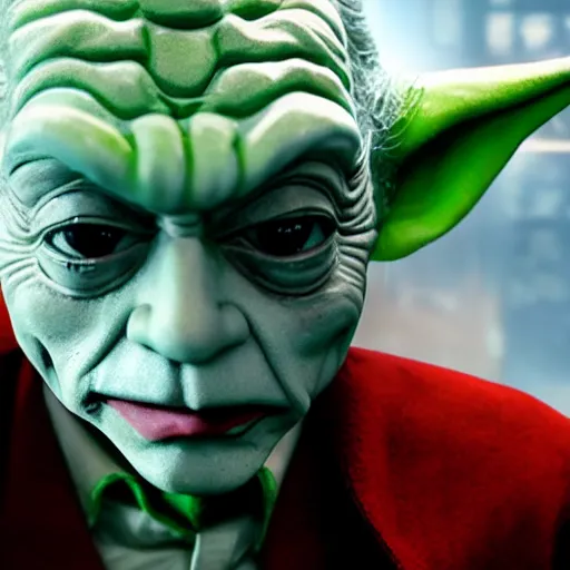 Image similar to stunning awe inspiring yoda as the joker, movie still 8 k hdr atmospheric lighting