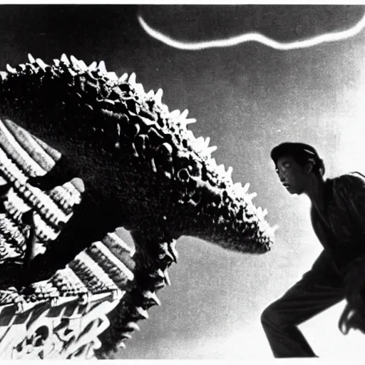 Image similar to a couple escaping from a giant Kaiju Starfish Monster over a traditional Korean village, minimal cinematography by Akira Kurosawa, movie filmstill, film noir, thriller by Fritz Lang and Shin Sang-ok