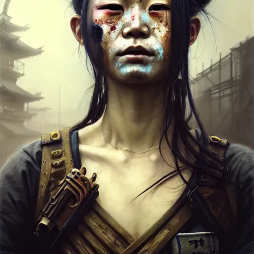 Image similar to portrait painting of a post - apocalyptic japanese lady with warpaint on her face wearing rusty samurai armor, ultra realistic, concept art, intricate details, eerie, highly detailed, photorealistic, octane render, 8 k, unreal engine. art by artgerm and greg rutkowski and charlie bowater and magali villeneuve and alphonse mucha