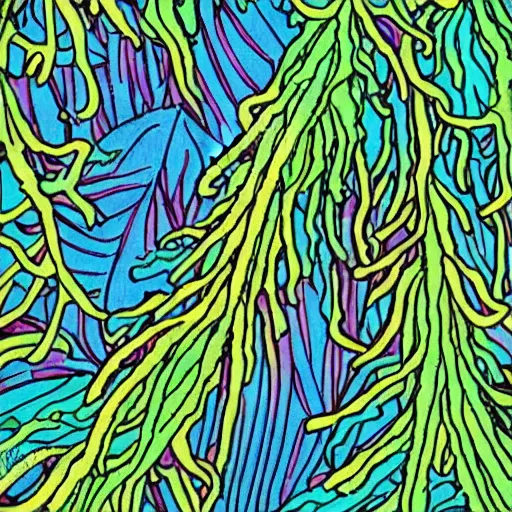 Image similar to vintage colored detailed illustration of random seaweed, neon colors