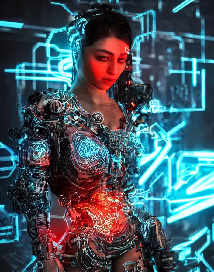 Prompt: full body portrait photo of afghan model cyborg with digital led skin, neon lighting, techno neon projector background, portrait photo, intricate details, ultra realistic, unreal engine 5, depth of field, bokeh, octane render, 8 k hd