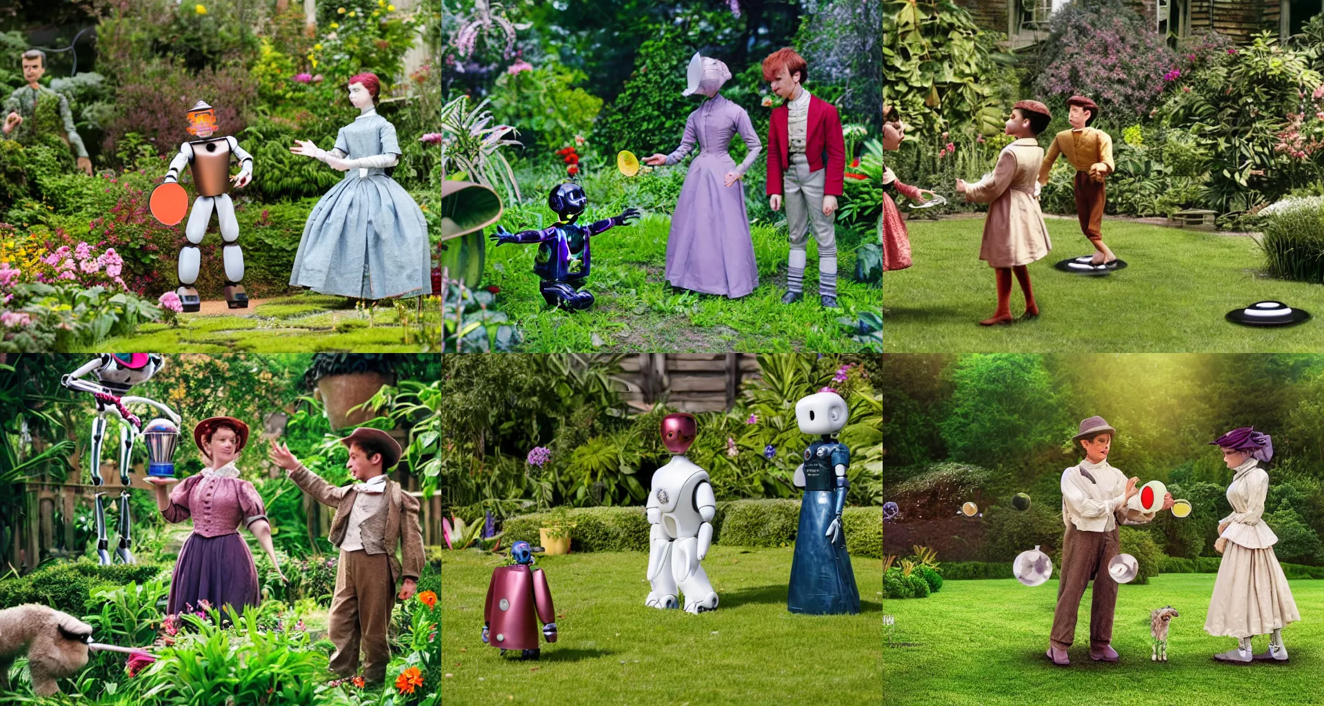 Prompt: detailed, sharp, a boy and a girl playing frisbee with their cute pet humanoid robot, wearing 1850s era clothes, in a garden full of exotic alien plants and flowers, on a strange alien planet, extremely highly detailed, 70 mm action still from a classic period sci fi color movie, 8k, HD, cinematic lighting